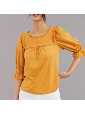 Anthropologie Mustard Smocked Square-Neck Blouse